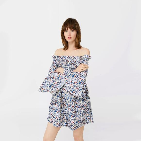 Mango Nest Ruched Detail Blur Red Floral Print Boho  Off-the-Shoulder Mini Dress - Picture 1 of 16